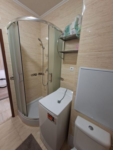 Duschkabine mit Waschmaschine und Toilette in einem Einzimmerapartment.