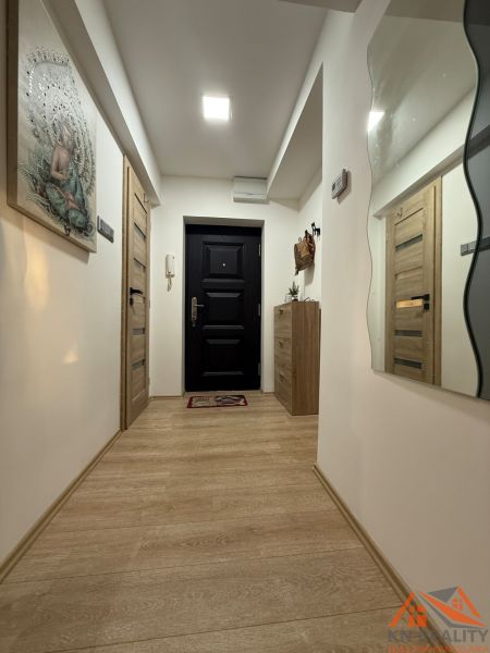 Der Flur in einer 2-Zimmer-Wohnung mit einem Boden in Holzoptik, Dekorationen und einem Spiegel.