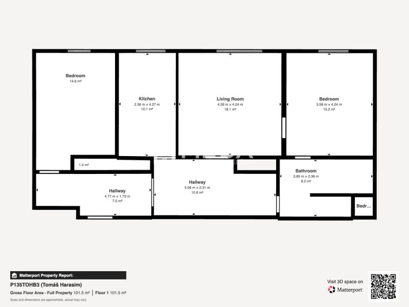 Grundriss einer 3-Zimmer-Wohnung mit Küche, Wohnzimmer und zwei Schlafzimmern.