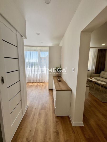 Innenraum einer Einzimmerwohnung mit hellem Wohnzimmer und Boden in Holzoptik.