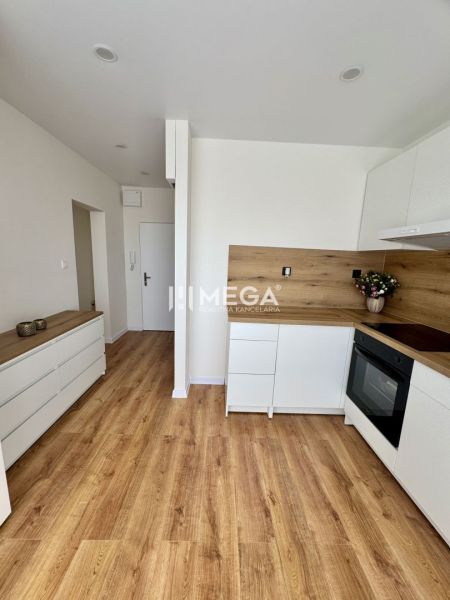 Küche in einer Einzimmerwohnung mit weißen Schränken und einem Boden in Holzoptik.