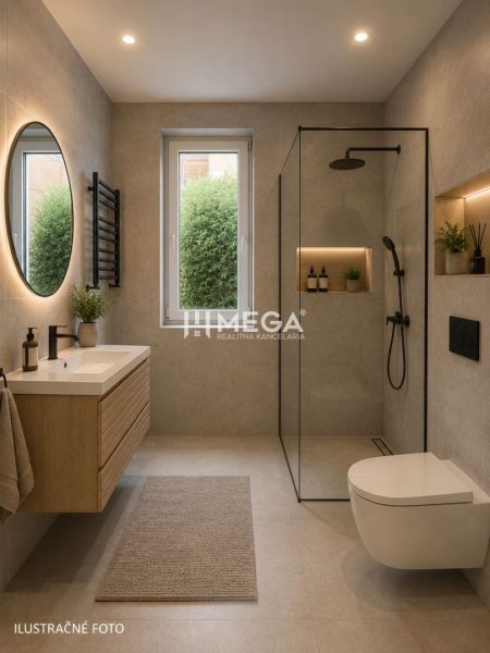 Badezimmer in einem Einfamilienhaus mit Waschbecken, Duschkabine und dekorativer Beleuchtung.