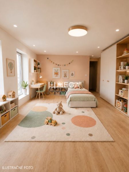 Kinderzimmer mit Teppich, Spielzeug und Holzboden in einem Einfamilienhaus.