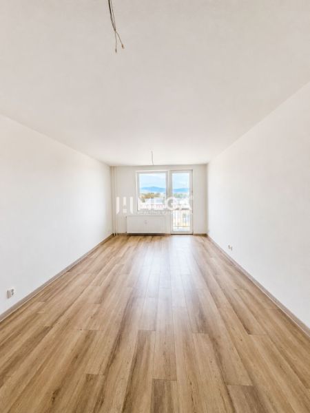 Geräumiges Wohnzimmer mit Zugang zum Balkon und Holzboden in einer 2-Zimmer-Wohnung.
