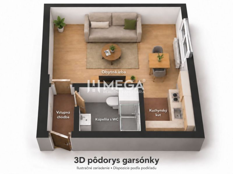 3D Grundriss eines Einzimmerapartments: Wohnraum, Küchenzeile, Badezimmer mit WC, Eingangsflur.