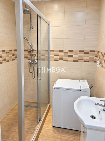 Badezimmer mit geräumiger Dusche und Waschmaschine in einer 2-Zimmer-Wohnung.