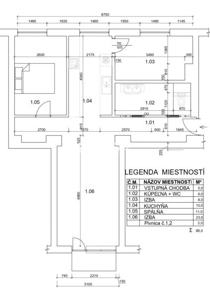 Grundriss einer 3-Zimmer-Wohnung mit Eingangsdiele, Küche, Badezimmer und Zimmer.