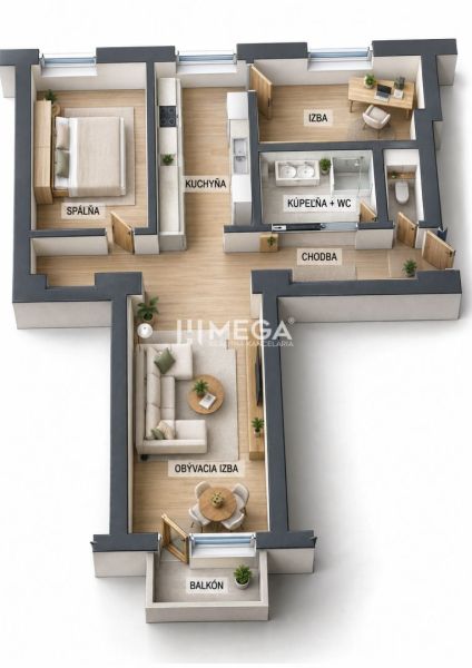 Grundriss einer 3-Zimmer-Wohnung mit Balkon, Küche und Holzboden.