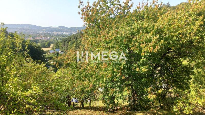 Das Grün der Gärten in Humenné mit Blick auf die entfernte Stadt und die Hügel.