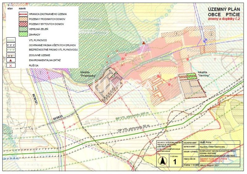 Der Plan zeigt die geplanten Wohnbaugrundstücke in der Lage Ptičie an der Straße Ptičie.