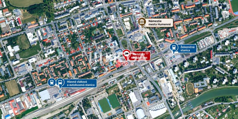Pension Milénium in der Nähe des Bahnhofs in Humenné, Štefánikova. Hotels und Pensionen in der Umgebung des Bahnhofs.