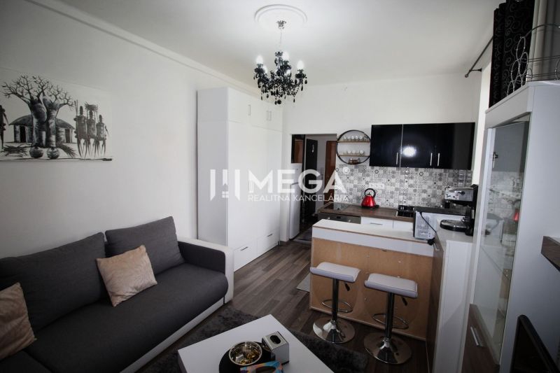 Küche einer Ferienwohnung mit Tresen, Holzboden und grauem Sofa.
