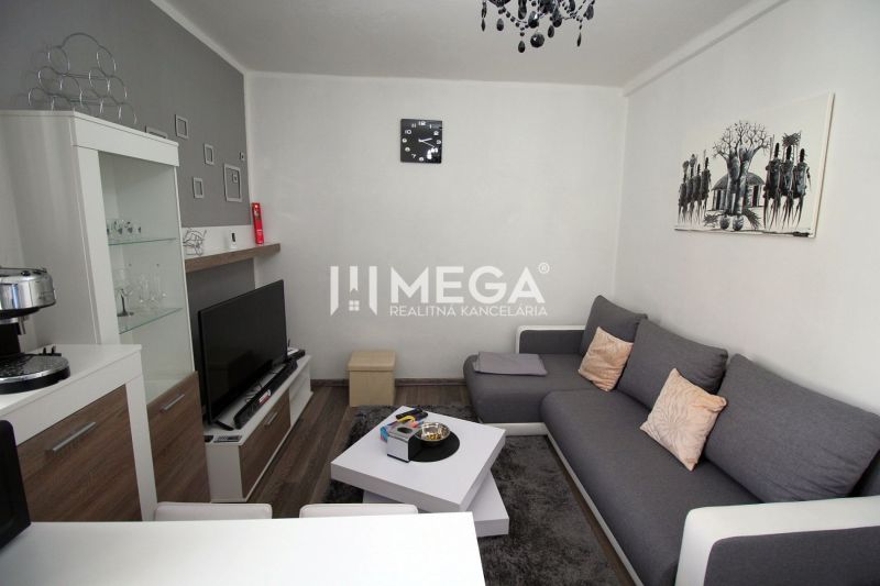 Wohnzimmer der Ferienwohnung mit grauem Sofa, Fernseher und Boden in Holzoptik.