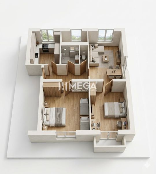 Grundriss einer 3-Zimmer-Wohnung mit Holzboden und geräumigen Zimmern.