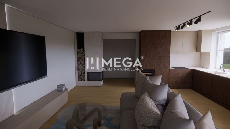 Wohnzimmer in einem Einfamilienhaus mit Kamin, Holzboden und großem Fernseher.