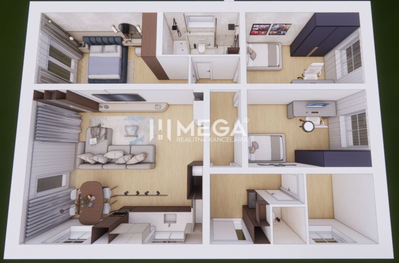 Grundriss eines Einfamilienhauses mit Holzboden und modernen Möbeln.