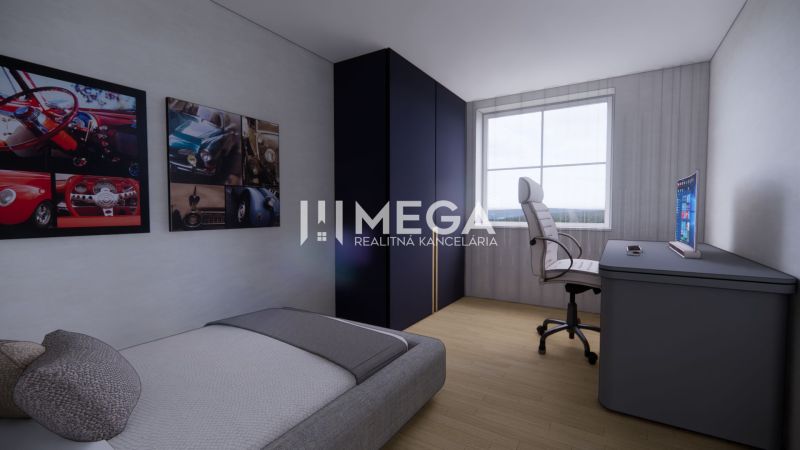 Ein Zimmer in einem Einfamilienhaus mit einem Schreibtisch, einem Stuhl und Bildern von Autos an der Wand.