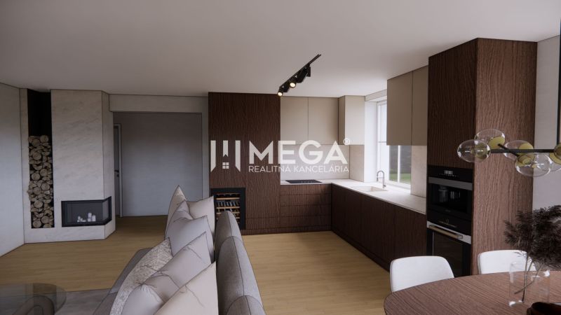 In einem Einfamilienhaus sieht man eine Küche mit Einbaugeräten, einem rechteckigen Tisch und einem Boden mit Holzdekor.