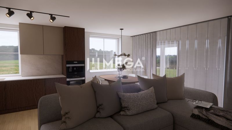 Wohnzimmer mit Holzboden, Sofa und Küchenzeile in einem Einfamilienhaus.