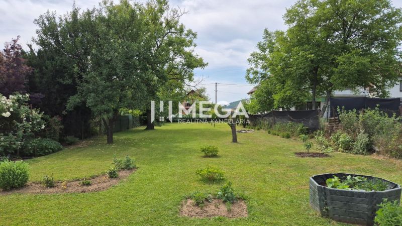 Gartenbereich eines Einfamilienhauses in Lackovce mit Rasen und Bäumen.