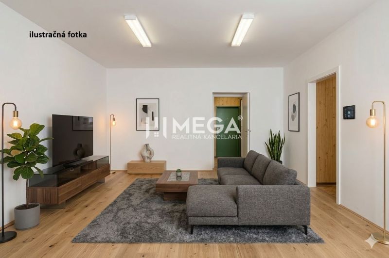 Gewerbeflächen mit Holzboden, grauem Sofa und Pflanzen.