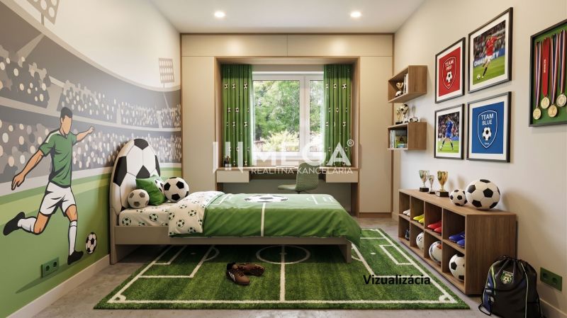Kinderzimmer in einem Einfamilienhaus mit Fußballthema; grüne Dekorationen und Fußballmotive.