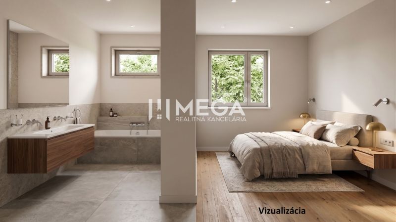 Schlafzimmer mit Holzboden und Badezimmer, verbunden in einem Einfamilienhaus.