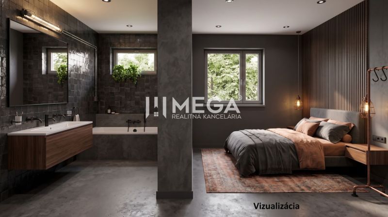 Badezimmer und Schlafzimmer mit gedämpften Farben und Holzboden in einem Einfamilienhaus.