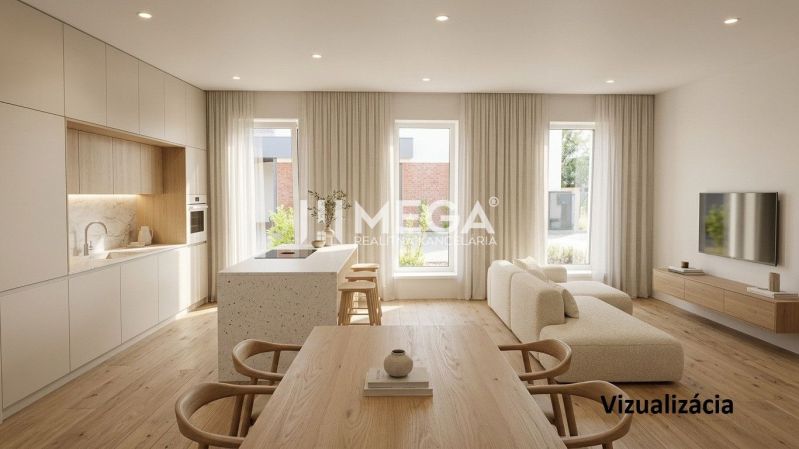 Küche und Wohnzimmer in einem Einfamilienhaus mit Holzboden und großen Fenstern.