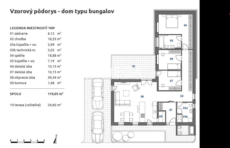 Grundriss eines Bungalows mit drei Zimmern und einer Terrasse in einem Einfamilienhaus.