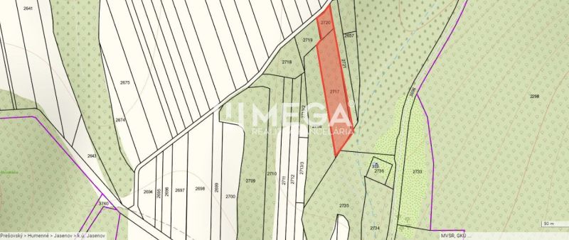 Katasterkarte im Bereich Jasenov, Jasenov Straße, mit hervorgehobener Fläche für besondere Immobilien.