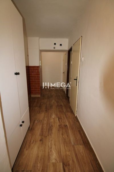 Der Flur in der 2-Zimmer-Wohnung mit einem Boden in Holzoptik und einem Einbauschrank.
