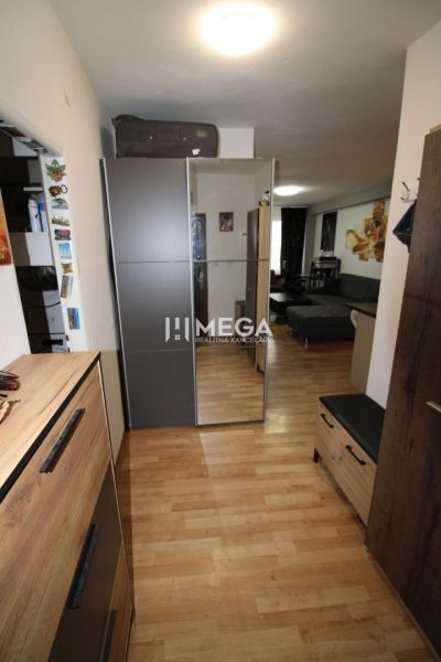 Flur in einer 2-Zimmer-Wohnung mit Holzboden und Einbauschrank.
