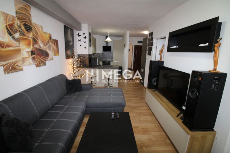 Wohnzimmer in einer 2-Zimmer-Wohnung mit Ecksofa und Boden in Holzoptik.
