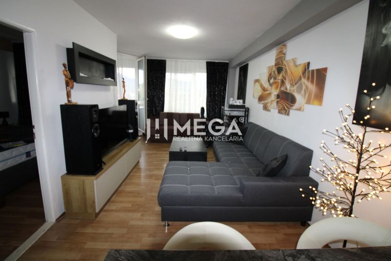 Wohnzimmer in einer Zweizimmerwohnung mit Holzboden und grauem Sofa.