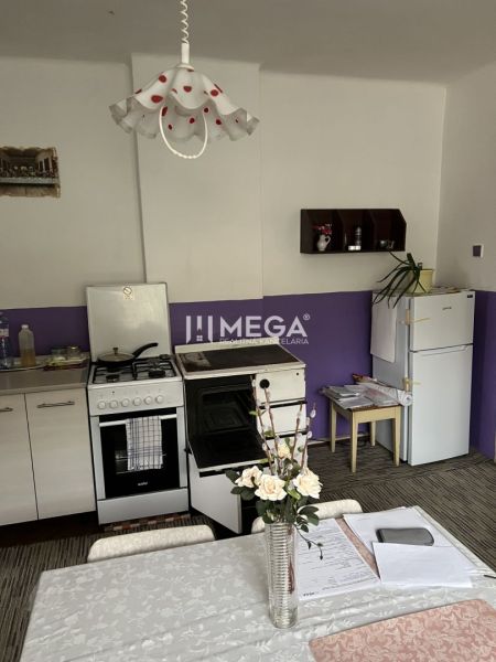 Esszimmer in einem Einfamilienhaus mit lila Wand, Blumendekor und Küchengeräten.