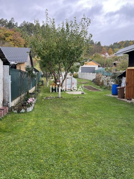 Der Garten im Einfamilienhaus in der Jesenského-Straße in Snina mit Rasen und Obstbäumen.
