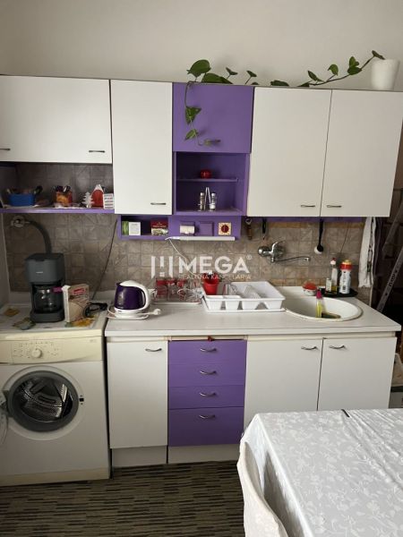 Eine Küche in einem Einfamilienhaus mit violetten und weißen Schränken, einer Kaffeemaschine und einer Spülmaschine.