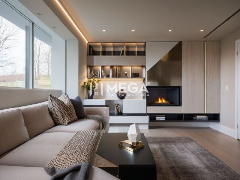 Wohnzimmer in einem Einfamilienhaus mit Kamin, Sofa und Holzboden.