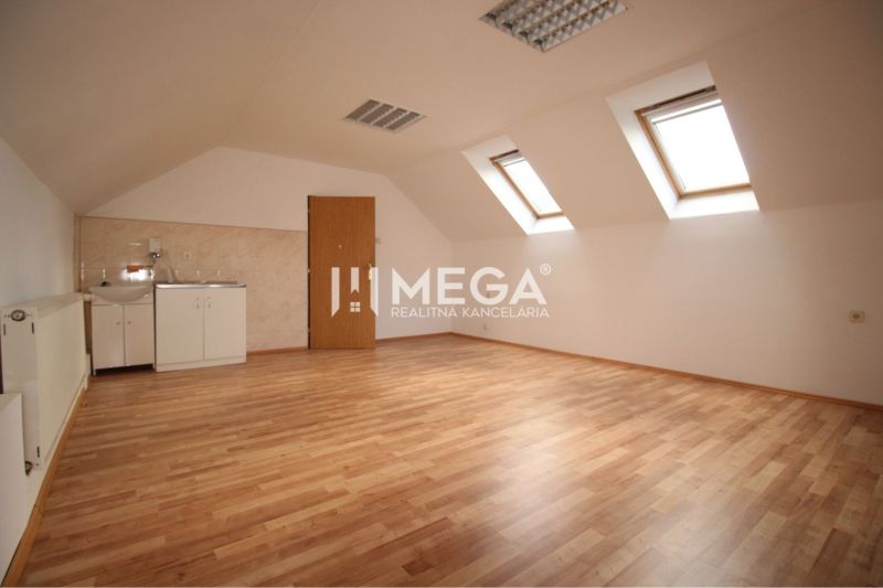 Geräumige Geschäftsräume mit Holzboden, ausgestatteter Küche und Dachfenstern.