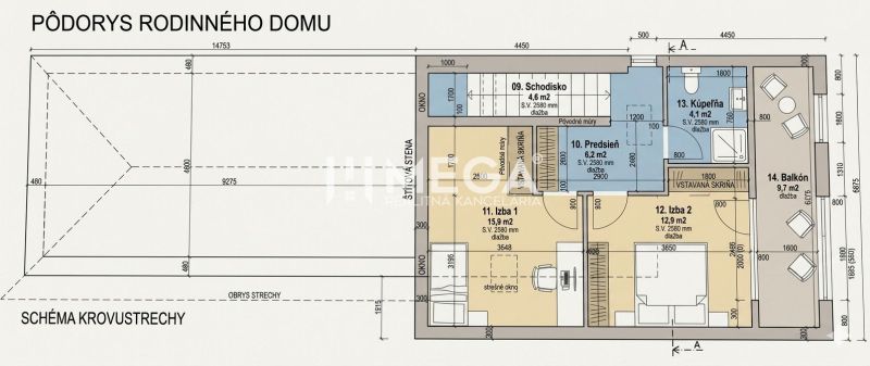 Grundriss eines Einfamilienhauses mit Zimmer, Badezimmer und Balkon.