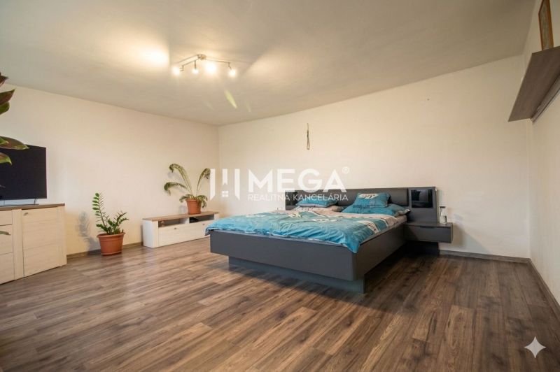 Schlafzimmer mit Bett, Fernseher, Pflanzen und Holzboden in einem Einfamilienhaus.