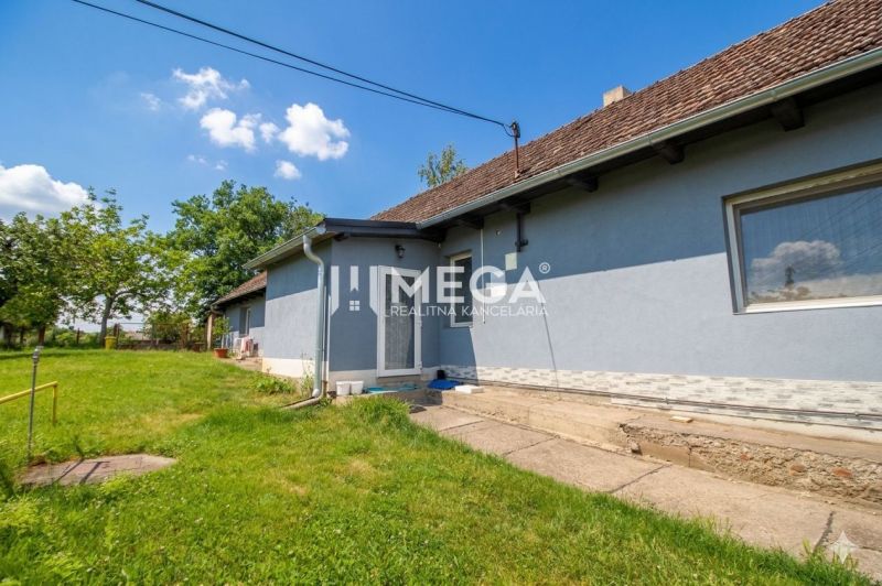 Ein Einfamilienhaus in Veľká Ida mit blauer Fassade, Garten und befestigtem Gehweg.