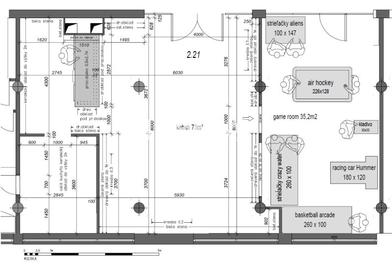 Grundriss von Geschäftsräumen mit Spielbereich und Erfrischungszone.