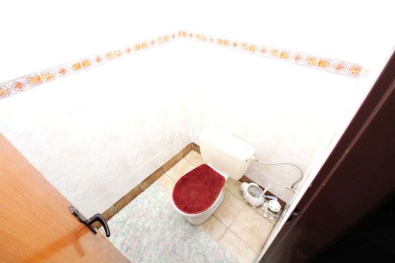 Toilette in einem Einfamilienhaus mit Teppich und dekorativer Wandverkleidung.