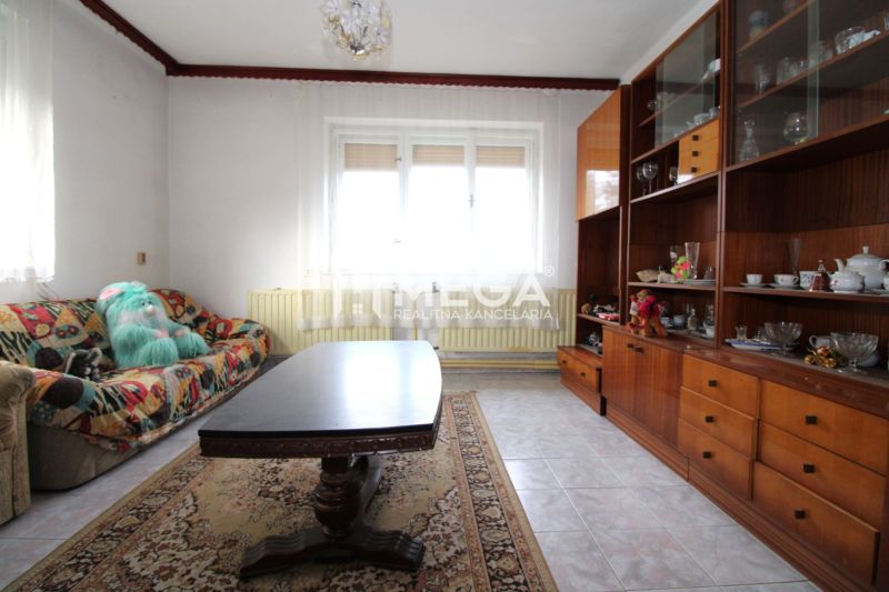 Wohnzimmer mit Teppichen, Schlafsofa und Möbeln in einem Einfamilienhaus.