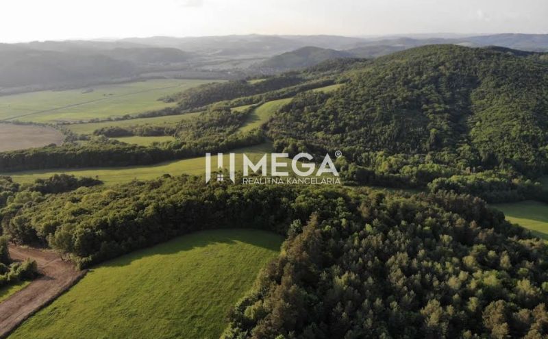 Luftaufnahme von landwirtschaftlichen und forstwirtschaftlichen Flächen rund um Lackovce, mit einer weitläufigen grünen Landschaft.