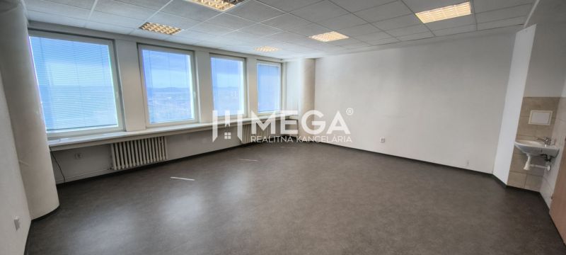 Geräumige Büros mit mehreren Fenstern und einem Boden in Holzoptik.