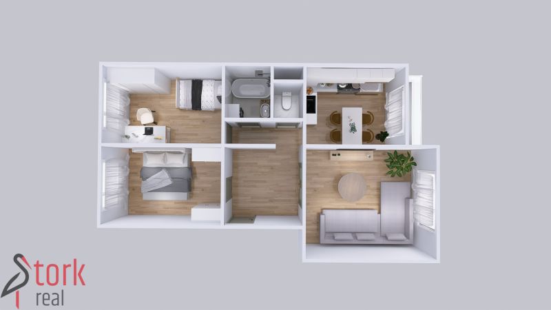 Grundriss einer 3-Zimmer-Wohnung mit Holzboden, Küche und Wohnbereich.