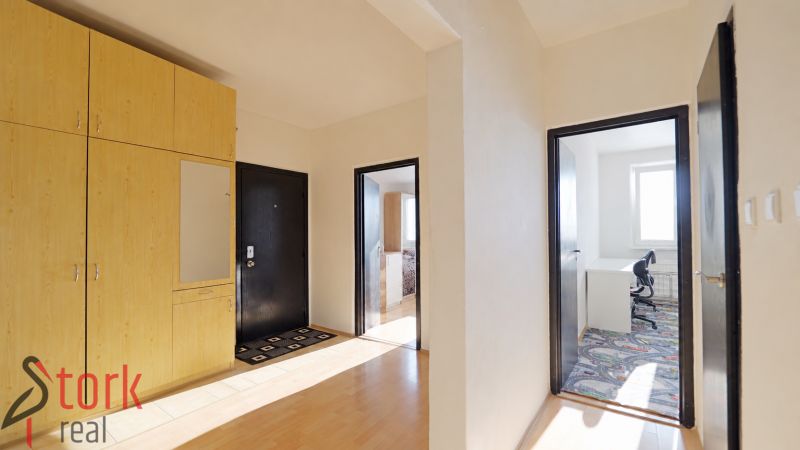 Eingangsbereich einer 3-Zimmer-Wohnung mit großem Schrank und Boden in Holzoptik.